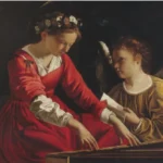 Santa Cecilia toca la espineta mientras un ángel sostiene la partitura