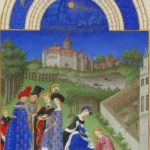 Página de abril de un libro de horas medieval: nobles en un jardín bajo un arco azul con el zodíaco