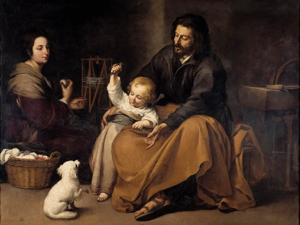 San José sostiene al Niño Jesús, que muestra un pajarito a un perro, mientras la Virgen cose junto a la canasta de labor