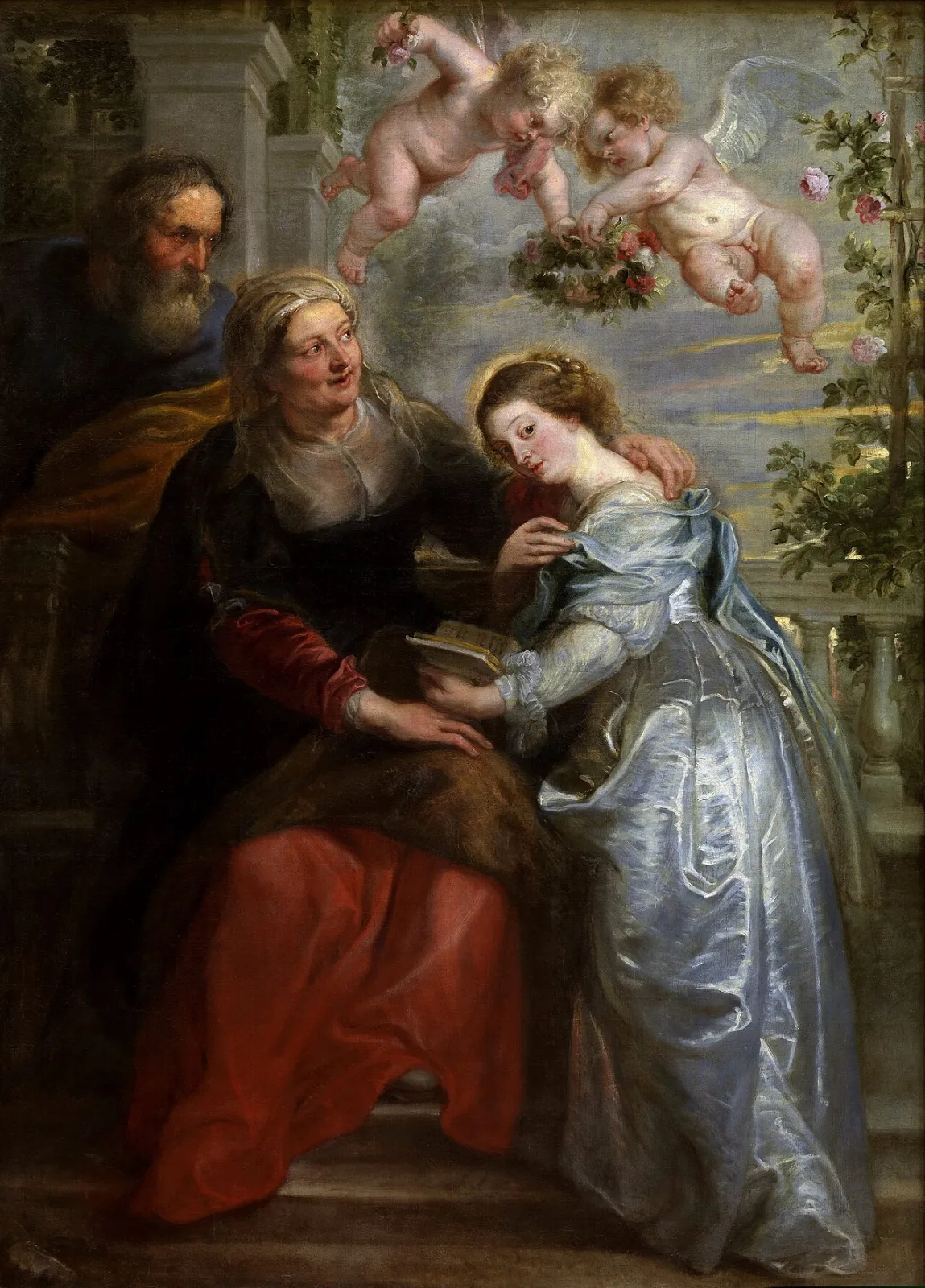 Santa Ana enseña a leer a la Virgen María en un libro abierto, junto a san Joaquín y dos ángeles con una corona de flores